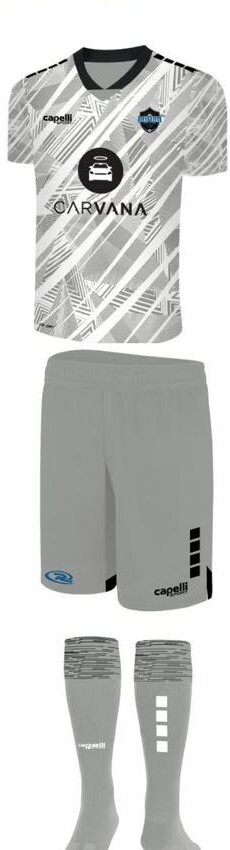 Home kit: gray-and-white jersey, gray shorts and gray socks