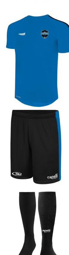 Training kit: blue shirt, black shorts and black socks