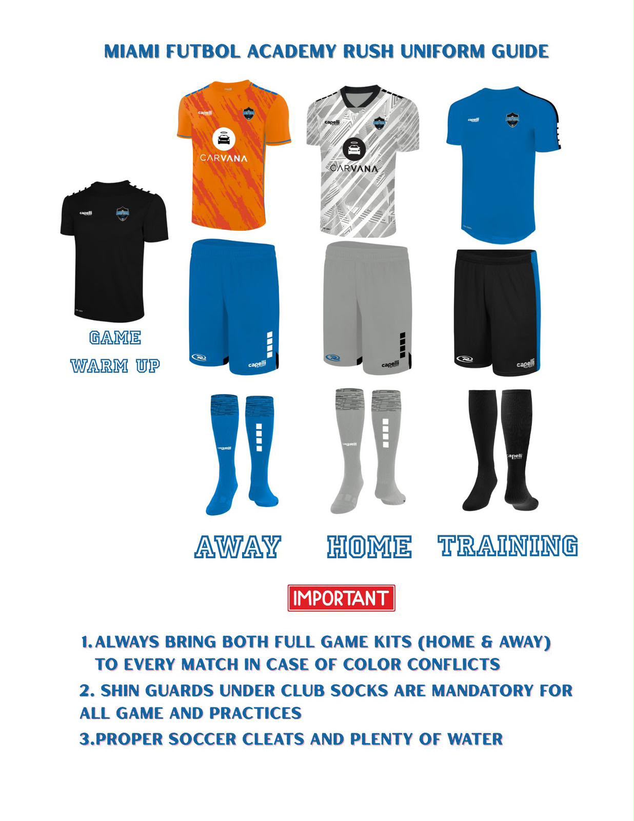 Complete Miami Futbol Academy Rush home, away, training and warm-up uniform guide